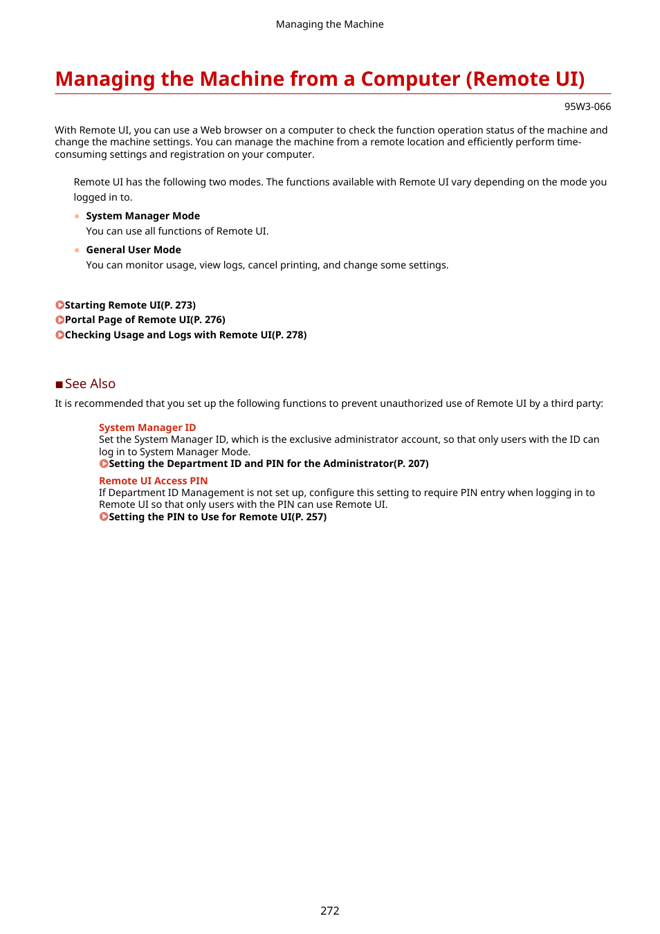 Managing the machine from a computer (remote ui), The machine from a computer (remote ui)(p. 272), Managing the machine from a computer | Remote ui)(p. 272), Ess. managing the machine from a computer | Canon imageCLASS LBP674Cdw Wireless Color Laser Printer User Manual | Page 280 / 565