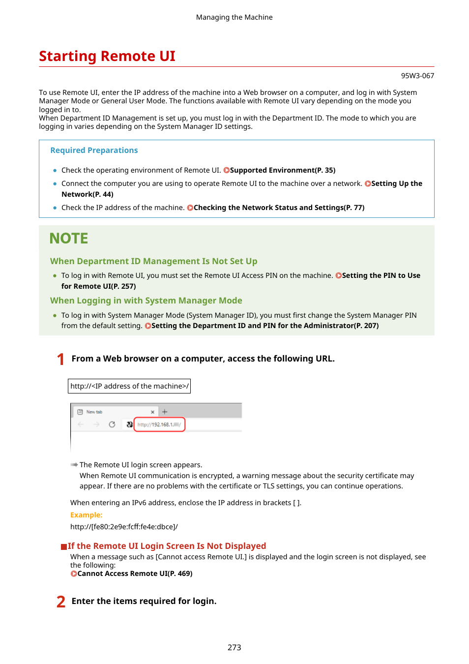 Starting remote ui, Log in to remote ui. starting remote ui(p. 273), Starting remote ui(p. 273) | Canon imageCLASS LBP674Cdw Wireless Color Laser Printer User Manual | Page 281 / 565
