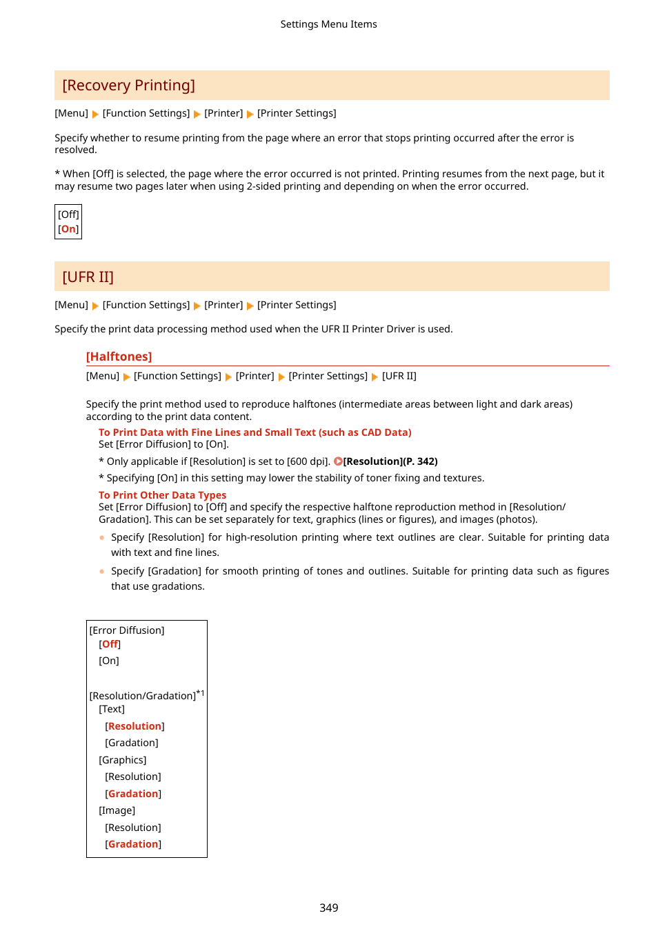Halftones](p. 349), Recovery printing](p. 349) [ufr ii](p. 349), Recovery printing | Ufr ii | Canon imageCLASS LBP674Cdw Wireless Color Laser Printer User Manual | Page 357 / 565