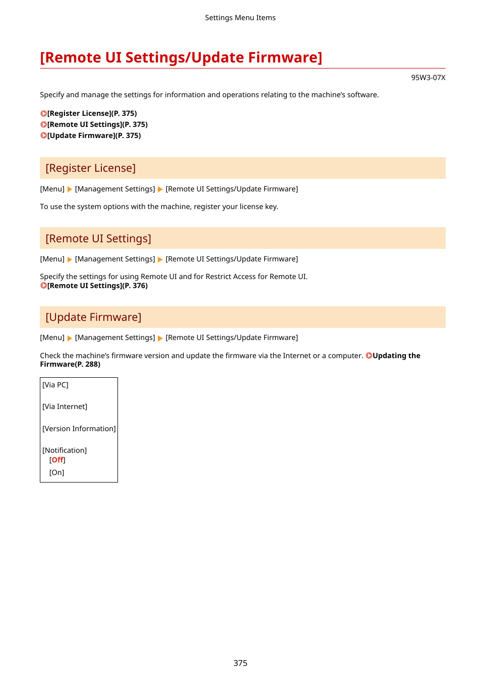 Remote ui settings/update firmware, Remote ui settings/update firmware](p. 375), Register license | Remote ui settings, Update firmware | Canon imageCLASS LBP674Cdw Wireless Color Laser Printer User Manual | Page 383 / 565