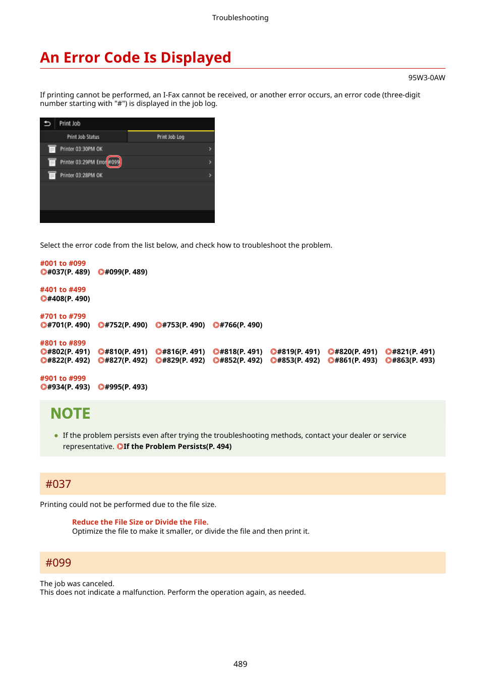 An error code is displayed, An error code is displayed(p. 489), Or code. an error code is displayed(p. 489) | Canon imageCLASS LBP674Cdw Wireless Color Laser Printer User Manual | Page 497 / 565