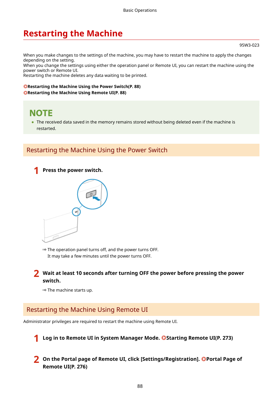 Restarting the machine, Restart the machine. restarting the machine(p. 88) | Canon imageCLASS LBP674Cdw Wireless Color Laser Printer User Manual | Page 96 / 565