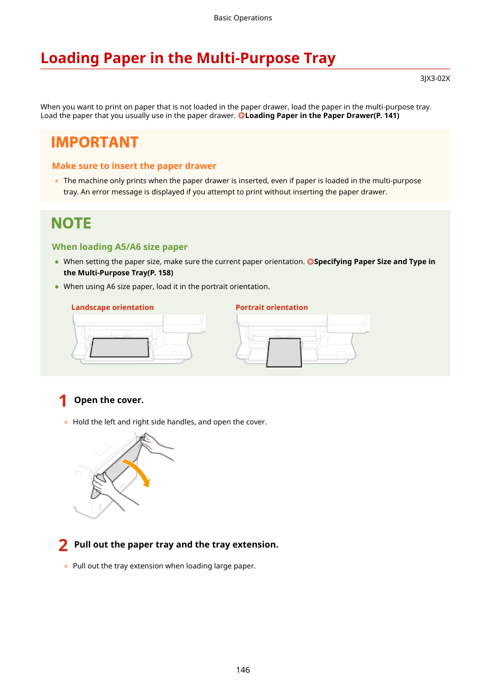 Loading paper in the multi-purpose tray, Loading paper in the multi-purpose tray(p. 146), Loading paper in the multi- purpose tray(p. 146) | Canon imageCLASS D1650 All-in-One Monochrome Laser Printer User Manual | Page 154 / 751