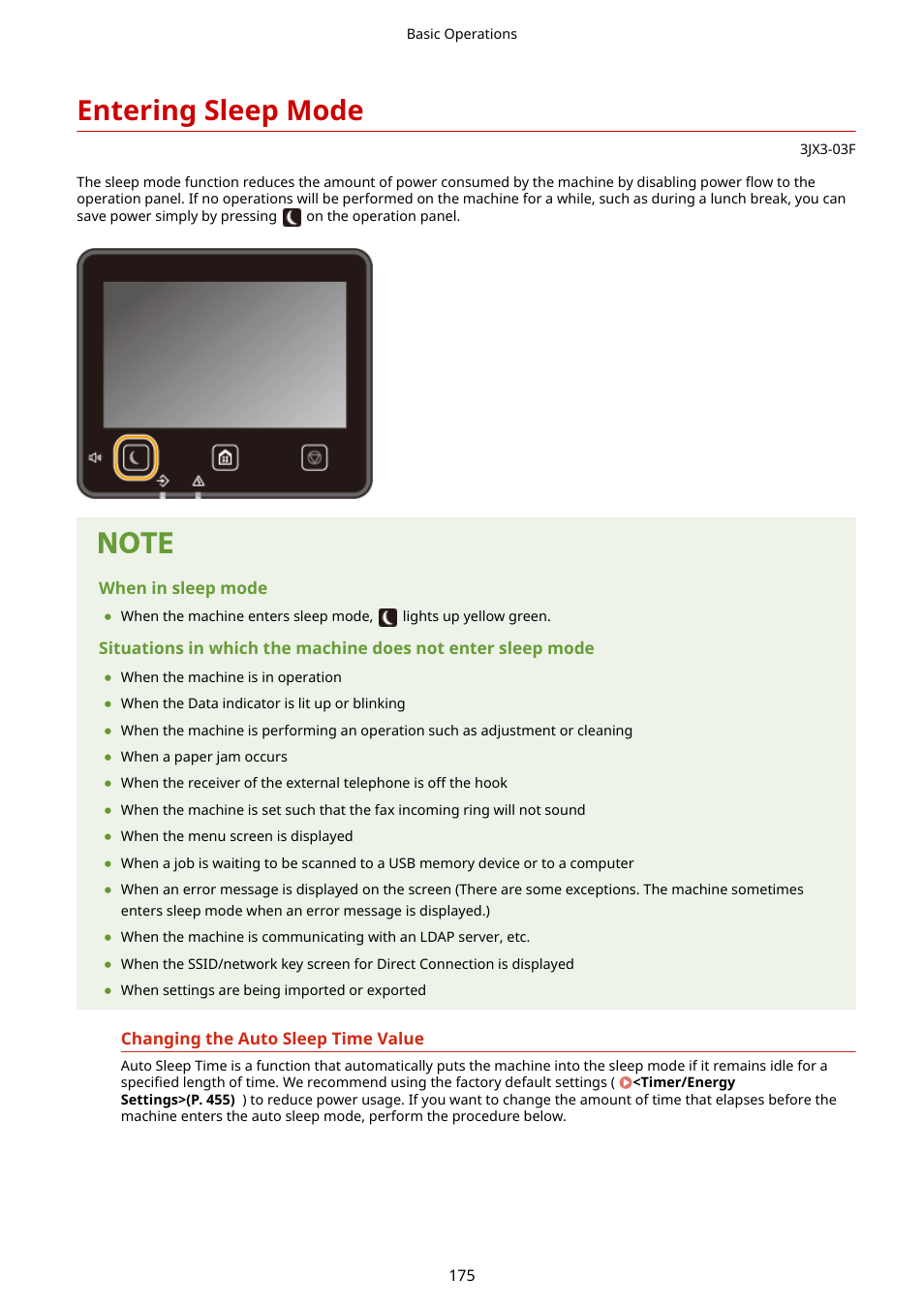 Entering sleep mode, Entering sleep mode(p. 175) | Canon imageCLASS D1650 All-in-One Monochrome Laser Printer User Manual | Page 183 / 751