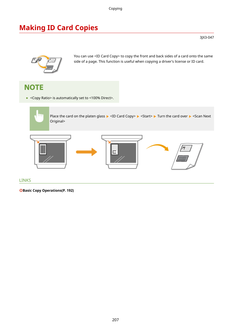 Making id card copies, Making id card copies(p. 207) | Canon imageCLASS D1650 All-in-One Monochrome Laser Printer User Manual | Page 215 / 751