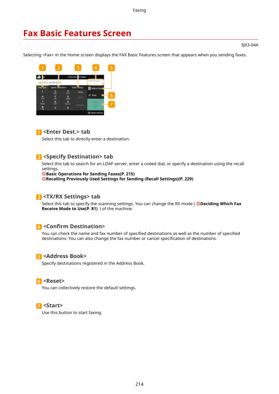 Fax basic features screen, Fax basic features screen(p. 214) | Canon imageCLASS D1650 All-in-One Monochrome Laser Printer User Manual | Page 222 / 751