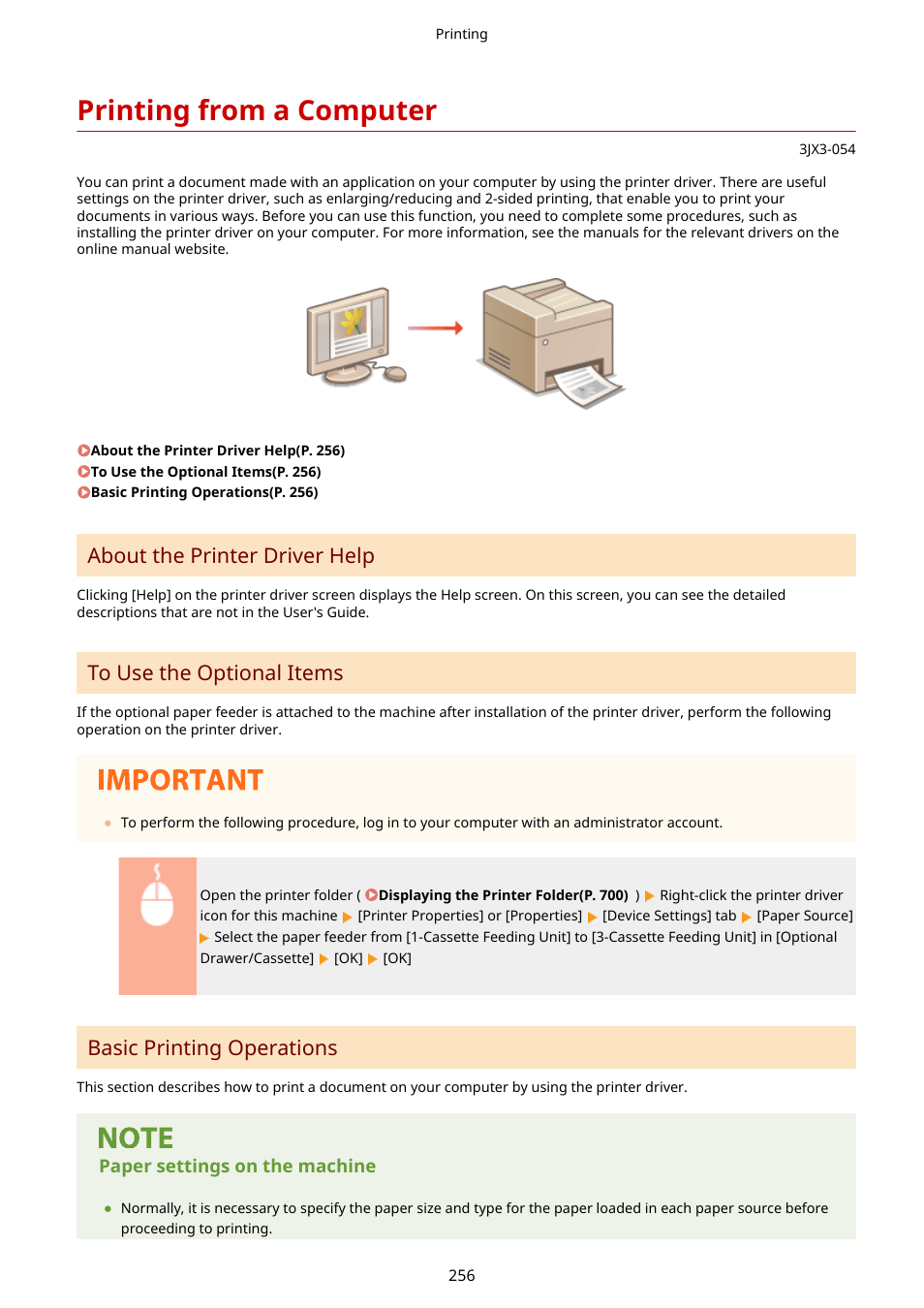 Printing from a computer, Printing from a computer(p. 256), About the printer driver help | Basic printing operations | Canon imageCLASS D1650 All-in-One Monochrome Laser Printer User Manual | Page 264 / 751