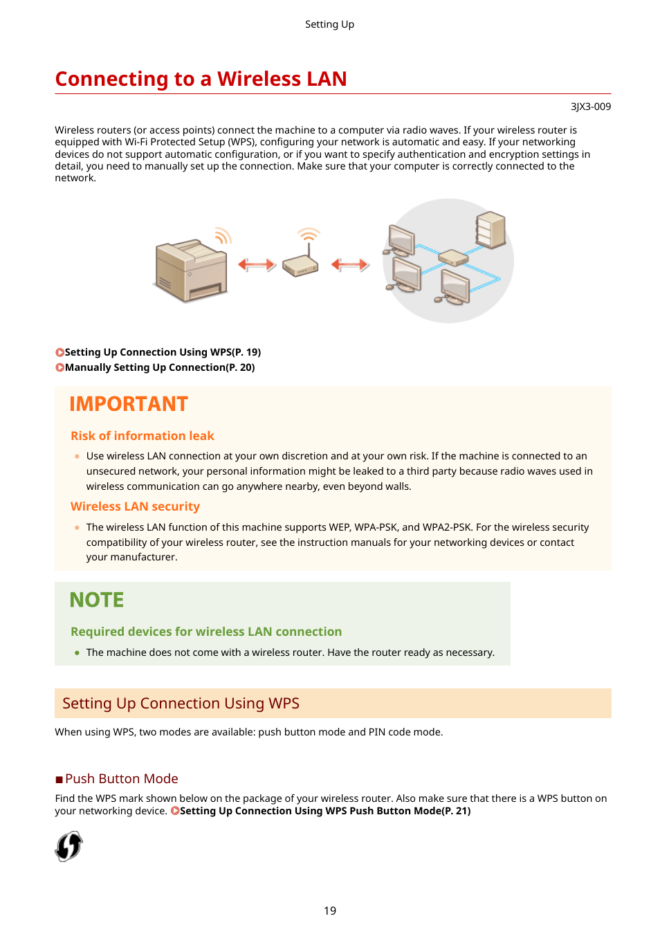 Connecting to a wireless lan, Connecting to a wireless lan(p. 19), Setting up connection using wps | Canon imageCLASS D1650 All-in-One Monochrome Laser Printer User Manual | Page 27 / 751
