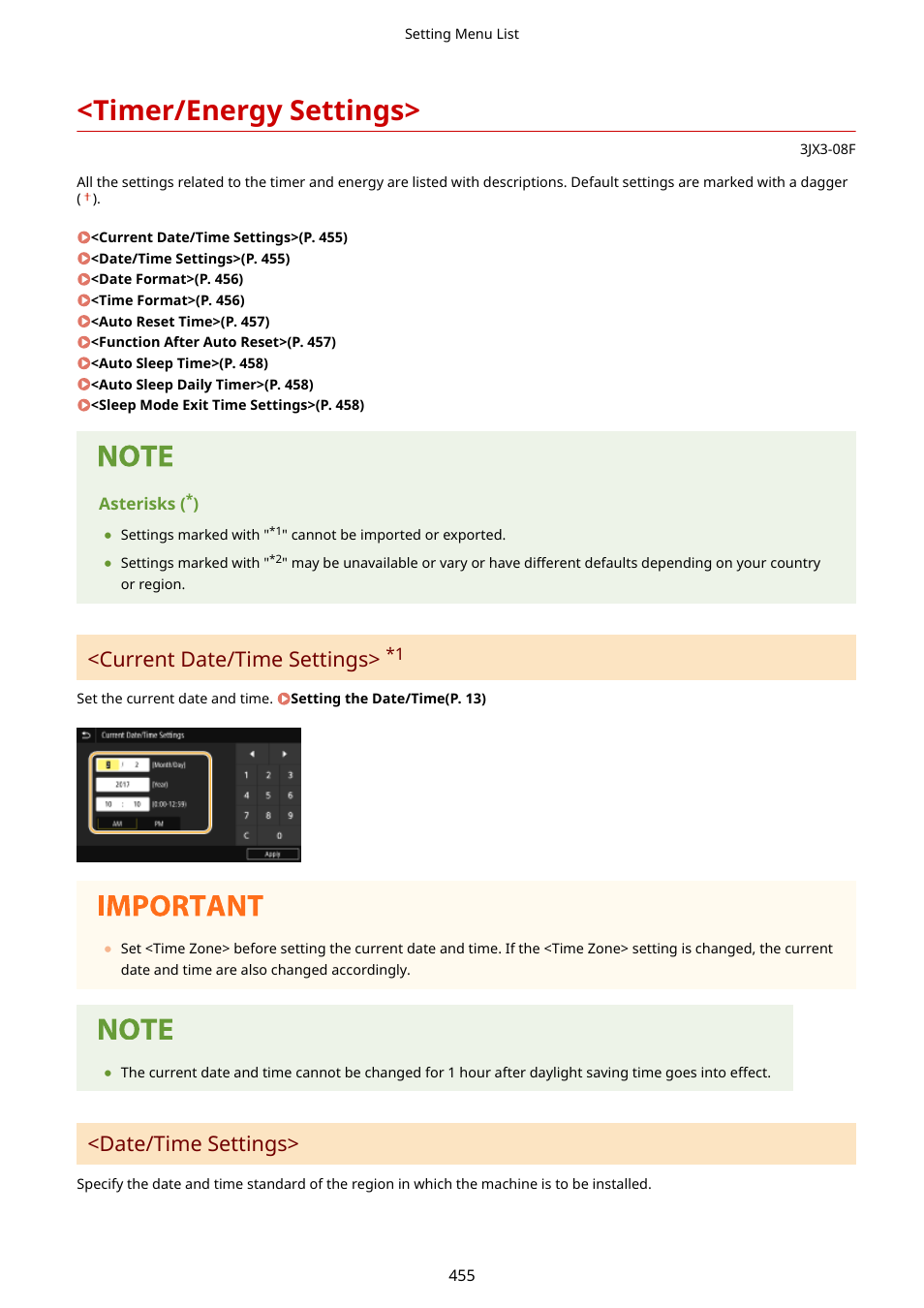 Timer/energy settings, Timer/energy settings>(p. 455), Current date/time settings | Date/time settings | Canon imageCLASS D1650 All-in-One Monochrome Laser Printer User Manual | Page 463 / 751