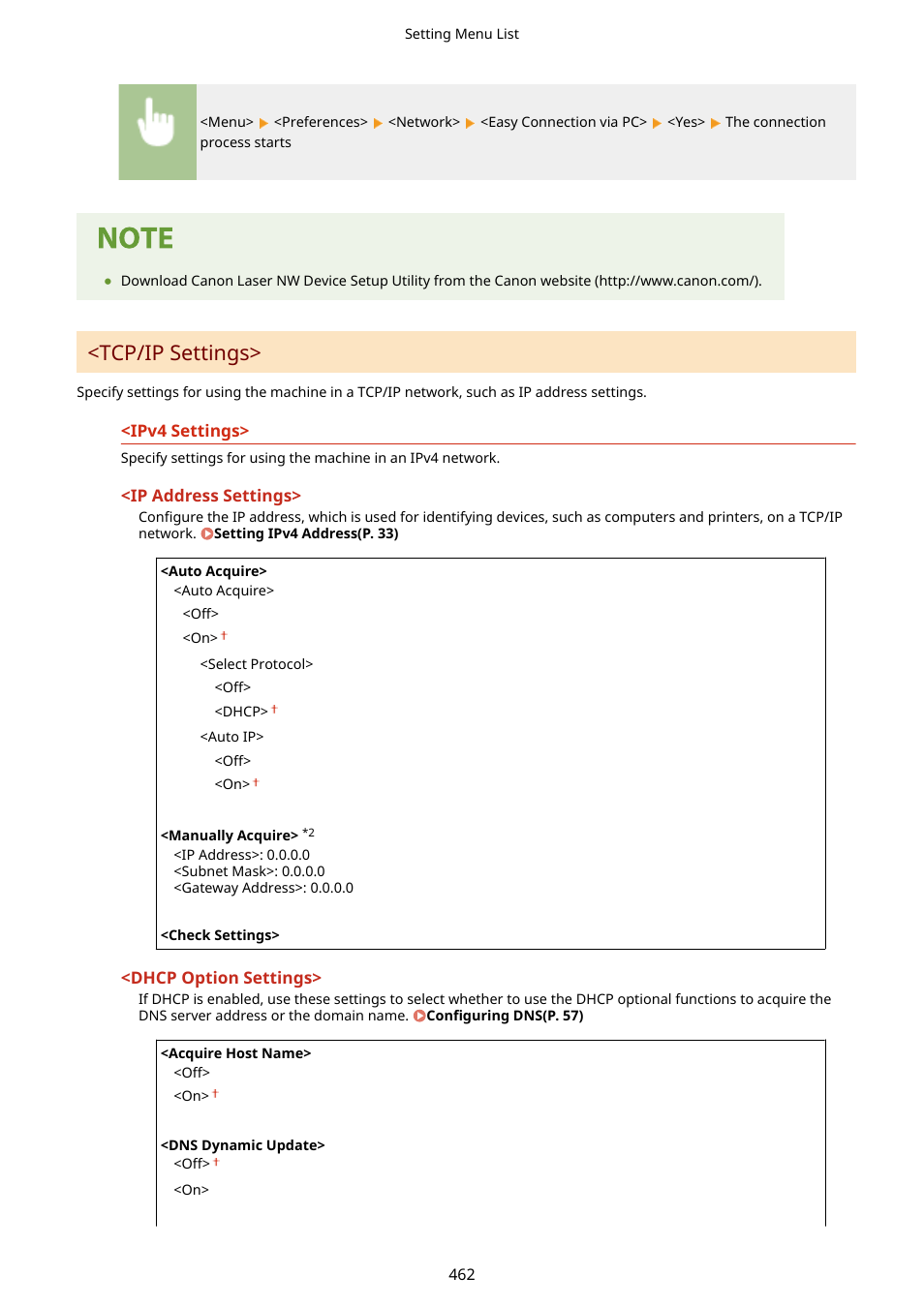 Tcp/ip settings>(p. 462), Tcp/ip settings | Canon imageCLASS D1650 All-in-One Monochrome Laser Printer User Manual | Page 470 / 751