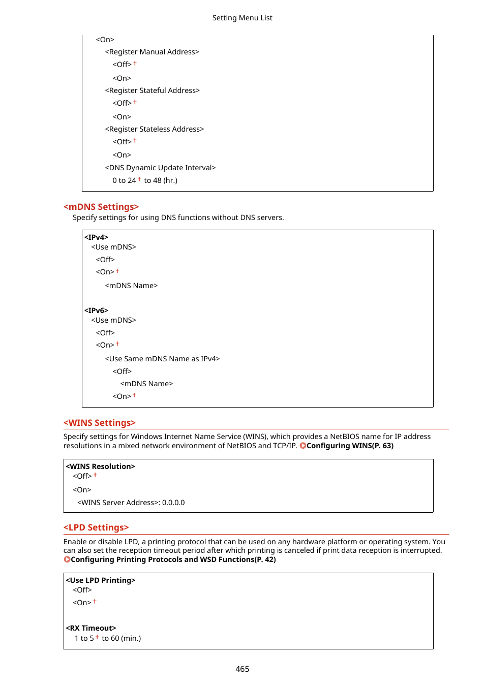 Lpd settings>(p. 465), Settings>(p. 465), Mdns | Canon imageCLASS D1650 All-in-One Monochrome Laser Printer User Manual | Page 473 / 751
