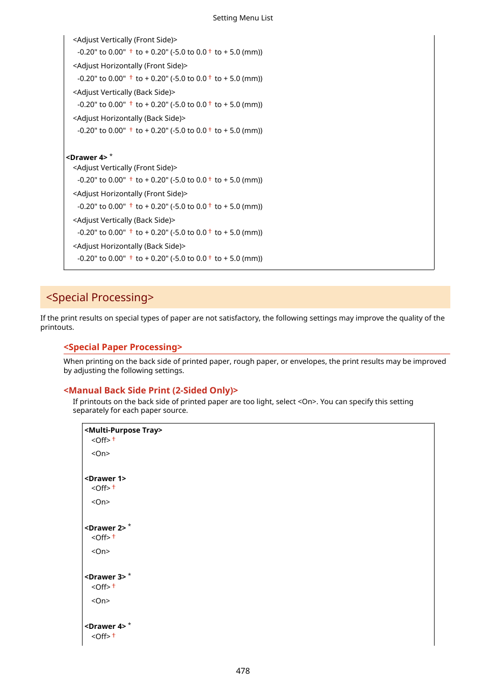 Manual back side print (2-sided only)>(p. 478), Special processing>(p. 478), Special processing | Canon imageCLASS D1650 All-in-One Monochrome Laser Printer User Manual | Page 486 / 751