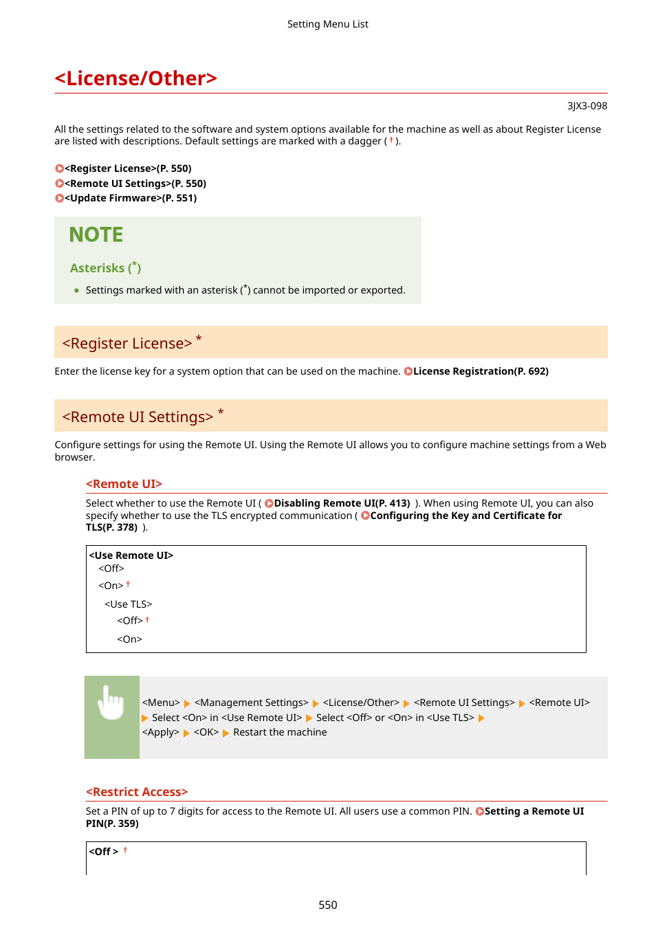 License/other, License/other>(p. 550), Register license | Remote ui settings | Canon imageCLASS D1650 All-in-One Monochrome Laser Printer User Manual | Page 558 / 751