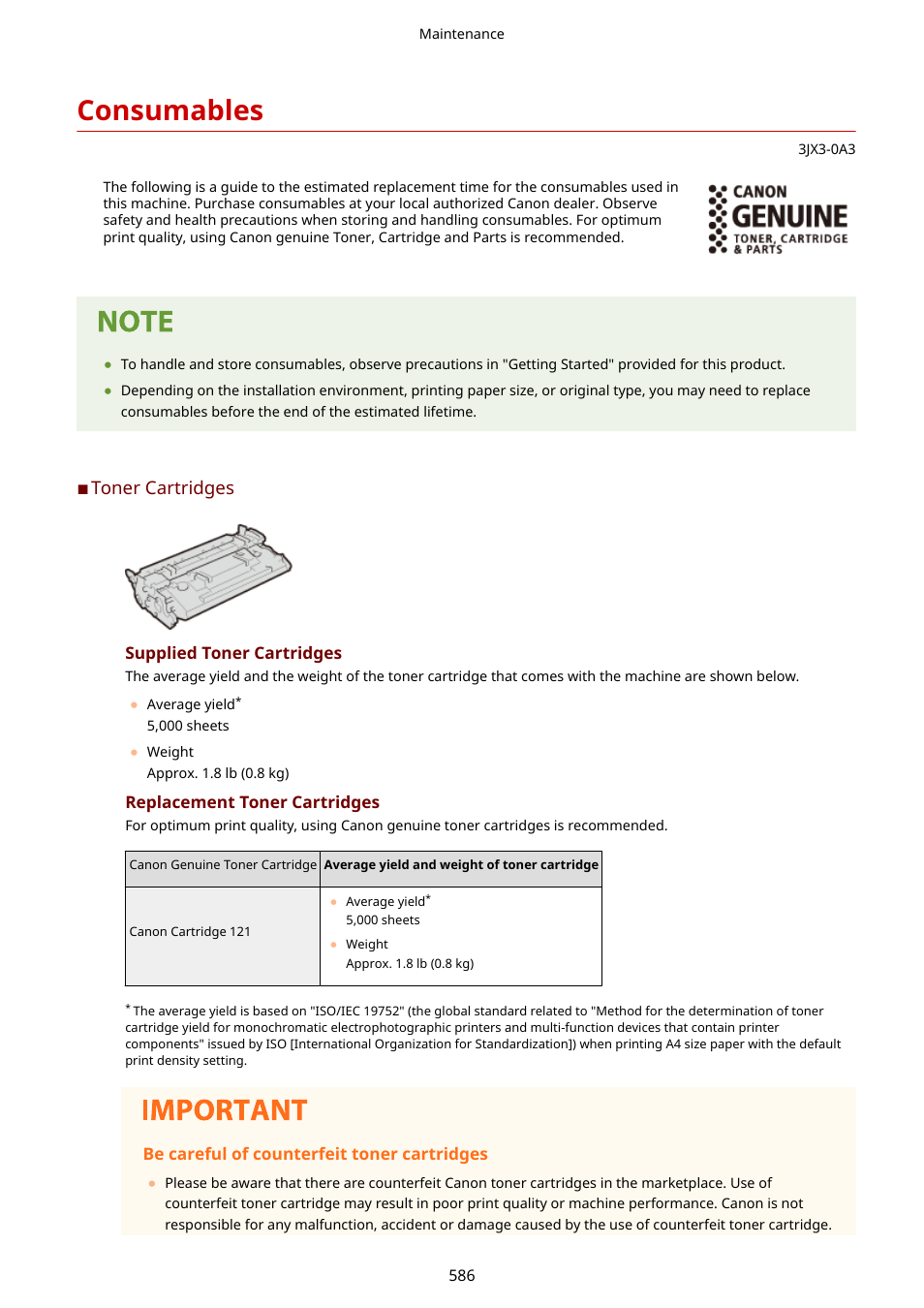 Consumables, Consumables(p. 586), W toner cartridge ( consumables(p. 586) ) or r | Toner cartridges | Canon imageCLASS D1650 All-in-One Monochrome Laser Printer User Manual | Page 594 / 751