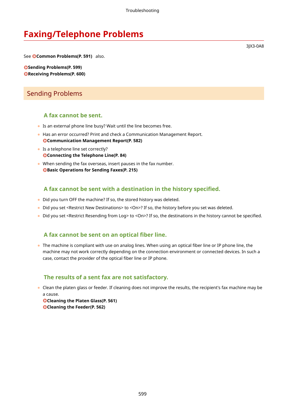Faxing/telephone problems, Faxing/telephone problems(p. 599), Sending problems | Canon imageCLASS D1650 All-in-One Monochrome Laser Printer User Manual | Page 607 / 751