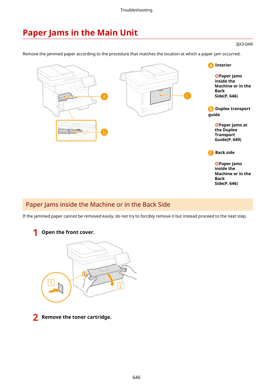 Paper jams in the main unit, Paper jams in the main unit(p. 646), Paper jams inside the machine or in the back side | Canon imageCLASS D1650 All-in-One Monochrome Laser Printer User Manual | Page 654 / 751