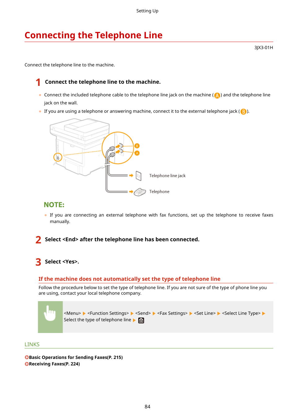 Connecting the telephone line, Connecting the telephone line(p. 84) | Canon imageCLASS D1650 All-in-One Monochrome Laser Printer User Manual | Page 92 / 751