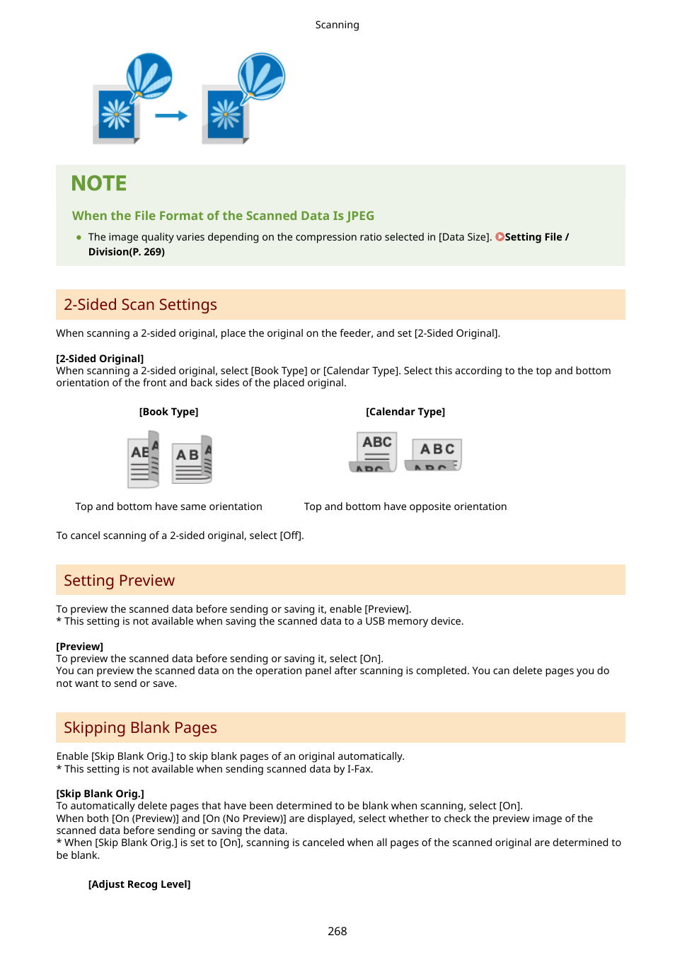 Sided scan settings, Setting preview, Skipping blank pages | Canon imageCLASS MF753Cdw Multifunction Wireless Color Laser Printer User Manual | Page 278 / 801