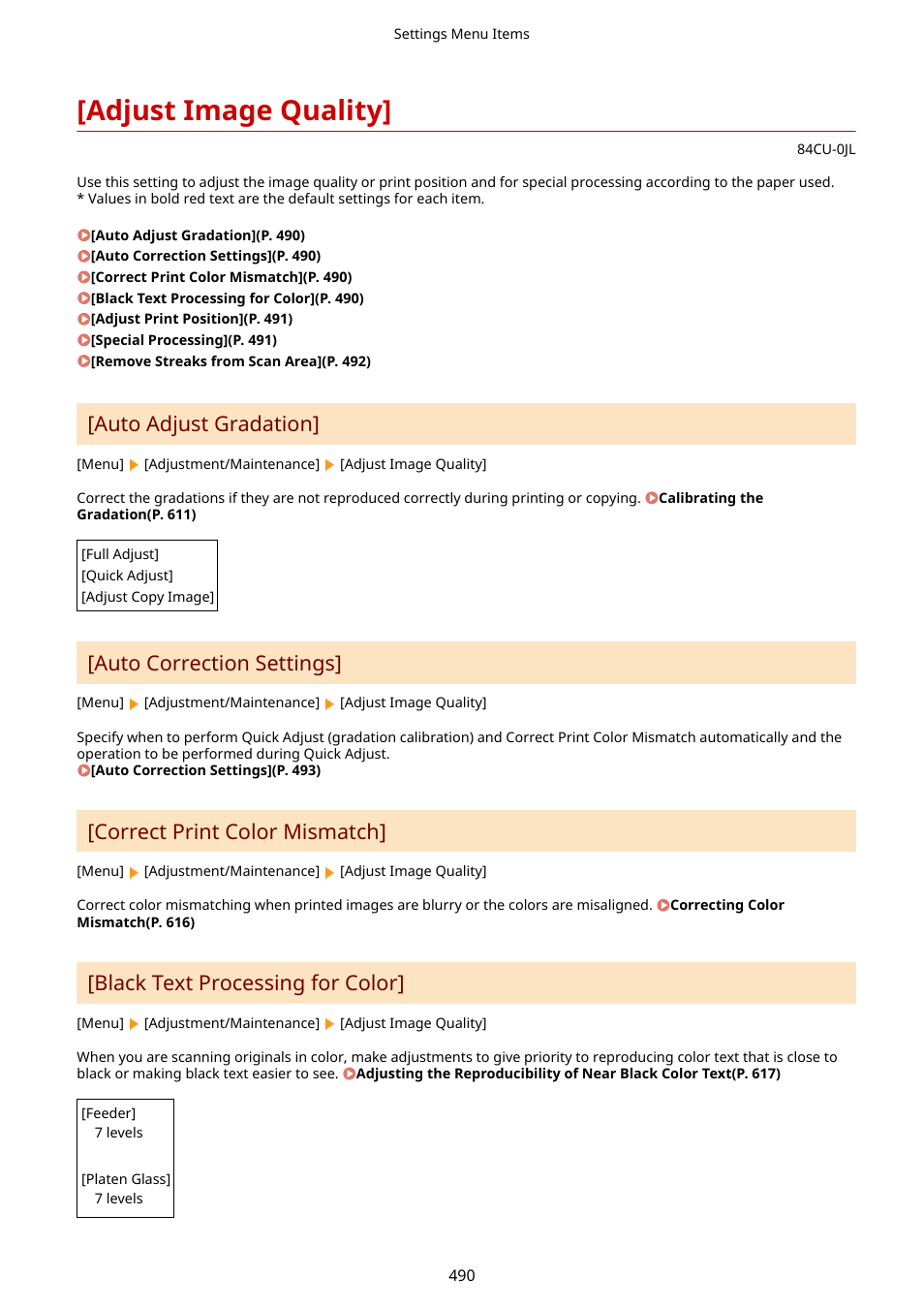 Adjust image quality, Auto adjust gradation, Auto correction settings | Correct print color mismatch, Black text processing for color | Canon imageCLASS MF753Cdw Multifunction Wireless Color Laser Printer User Manual | Page 500 / 801