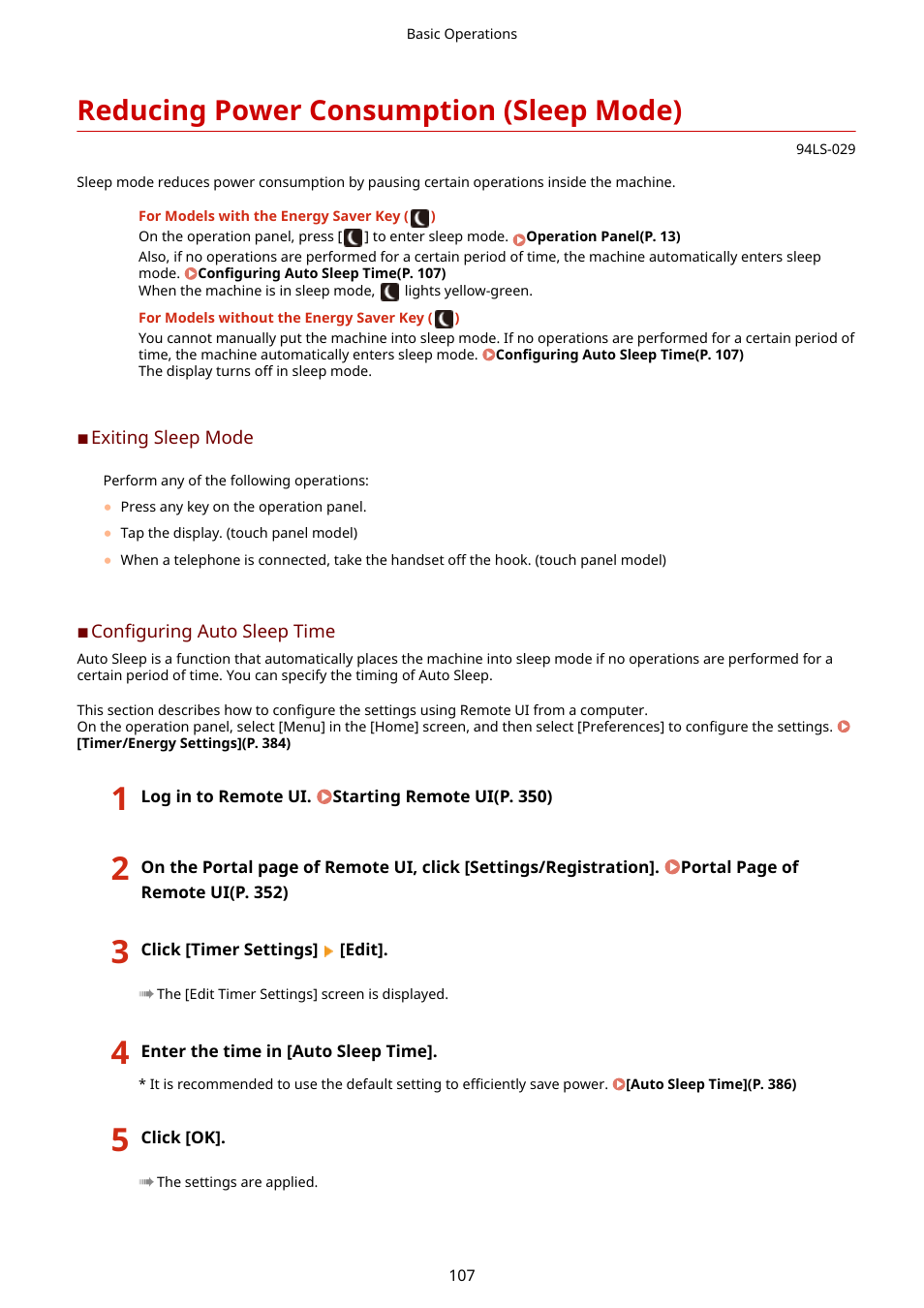 Reducing power consumption (sleep mode), Reducing power consumption (sleep mode)(p. 107) | Canon imageCLASS MF275dw Wireless All-In-One Monochrome Laser Printer User Manual | Page 116 / 633