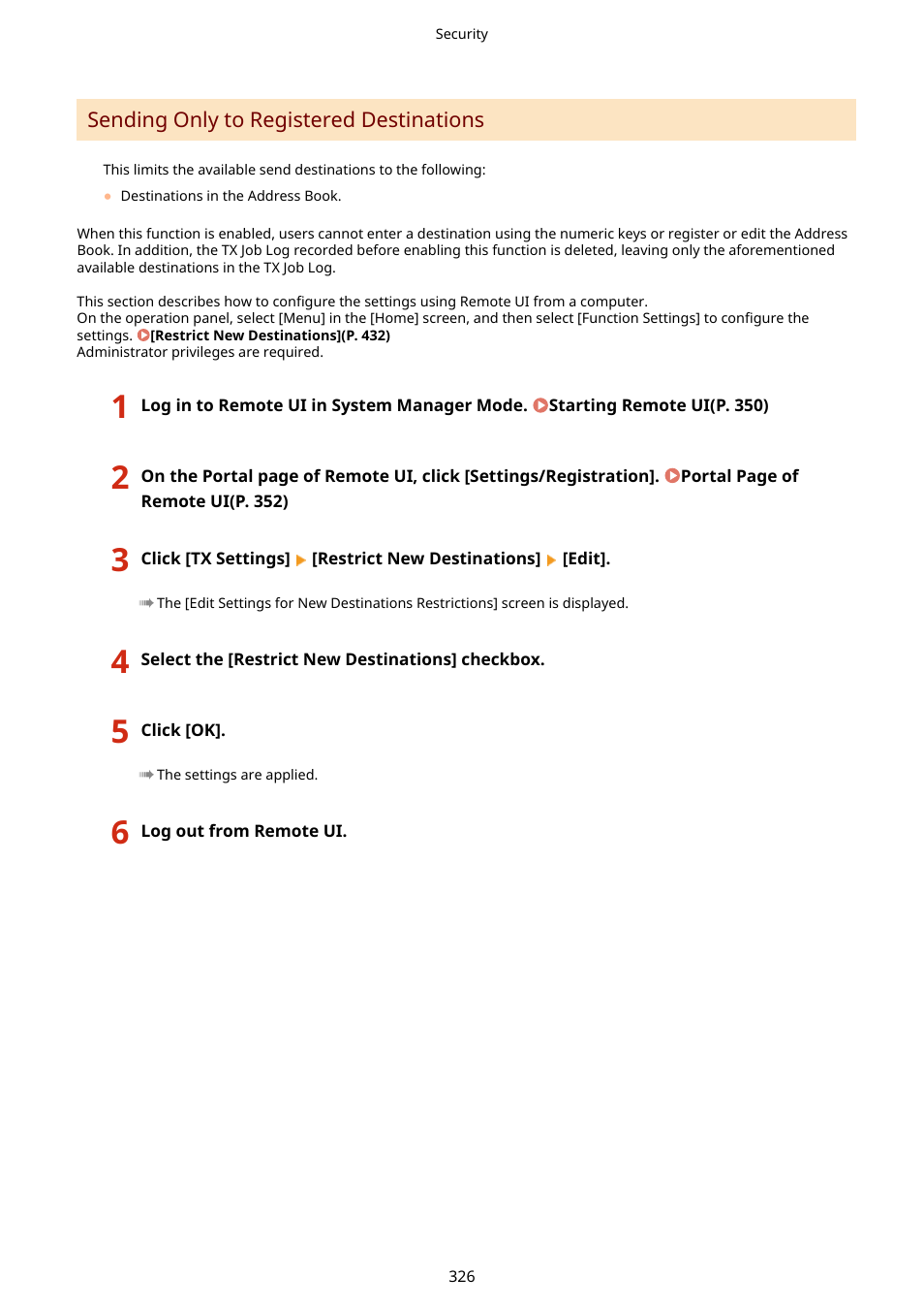 Sending only to registered destinations(p. 326) | Canon imageCLASS MF275dw Wireless All-In-One Monochrome Laser Printer User Manual | Page 335 / 633