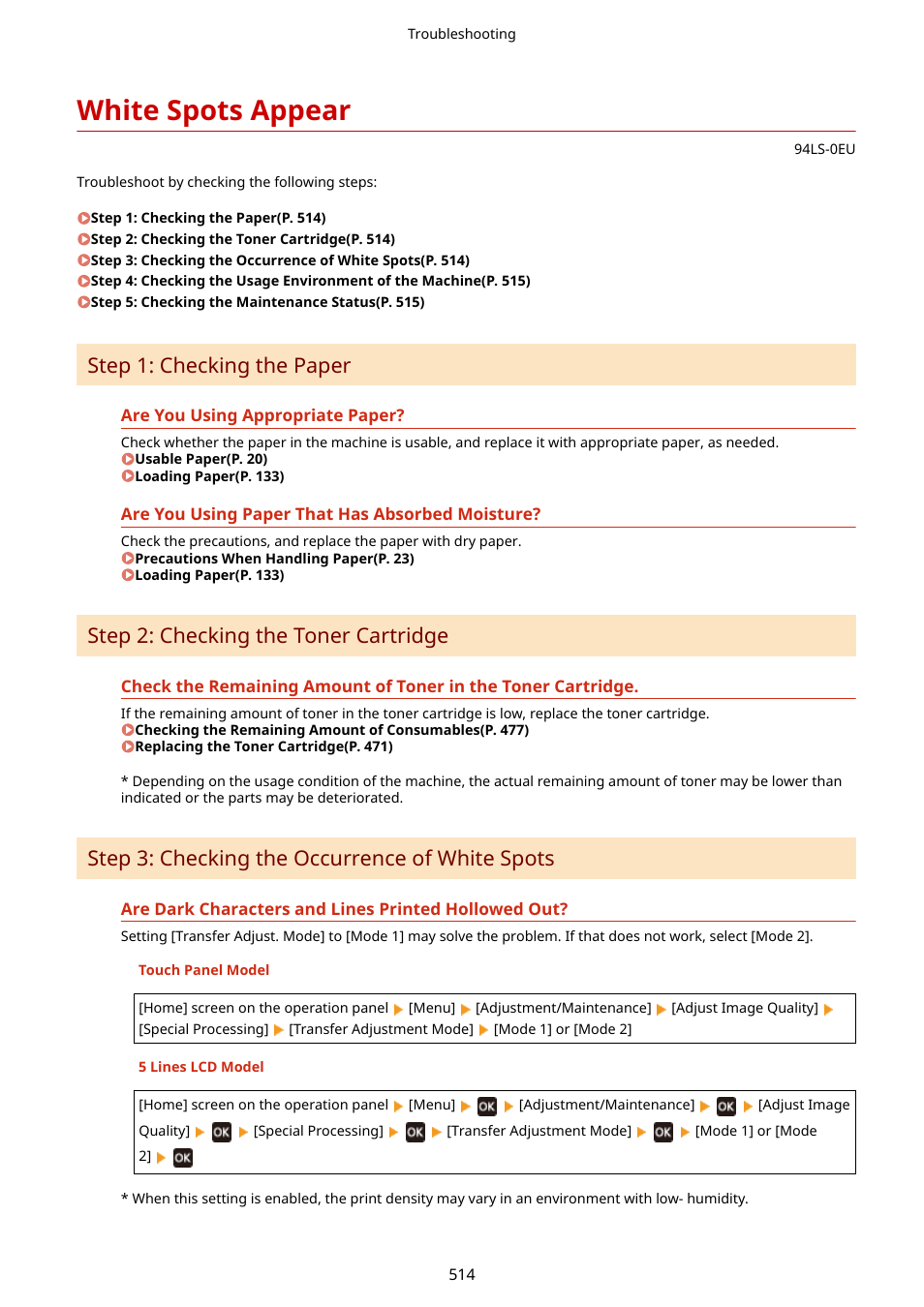 White spots appear, White spots appear(p. 514), Step 1: checking the paper | Step 2: checking the toner cartridge, Step 3: checking the occurrence of white spots | Canon imageCLASS MF275dw Wireless All-In-One Monochrome Laser Printer User Manual | Page 523 / 633