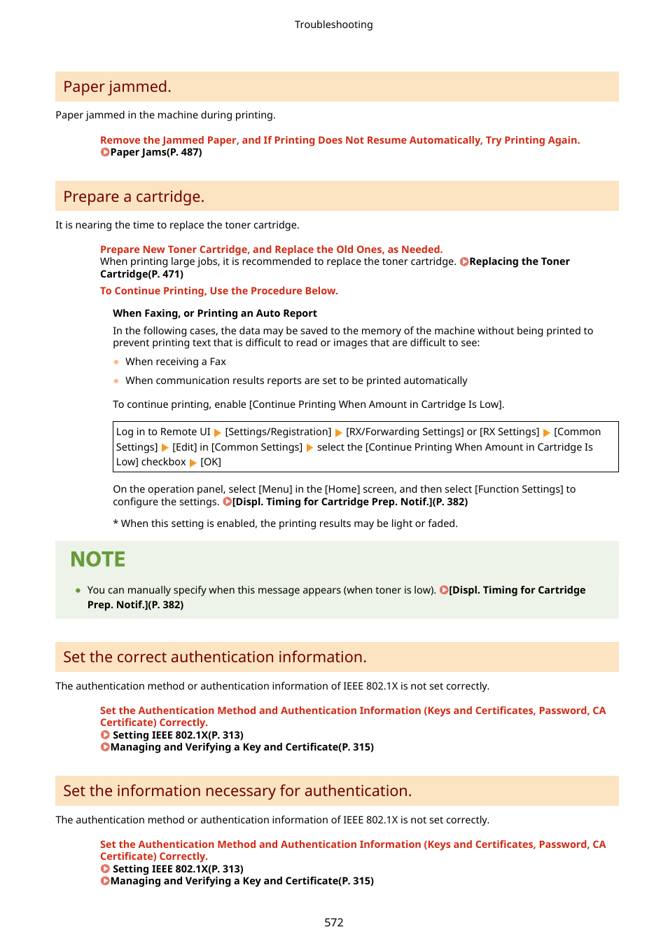 Paper jammed, Prepare a cartridge, Set the correct authentication information | Set the information necessary for authentication | Canon imageCLASS MF275dw Wireless All-In-One Monochrome Laser Printer User Manual | Page 581 / 633