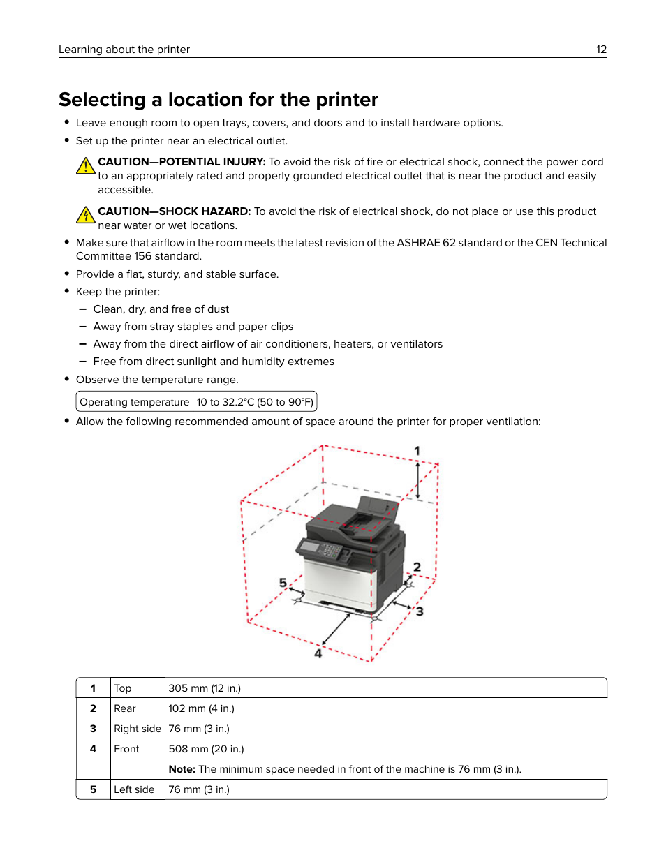 Selecting a location for the printer | Lexmark CX622ade Color Laser Printer User Manual | Page 12 / 270