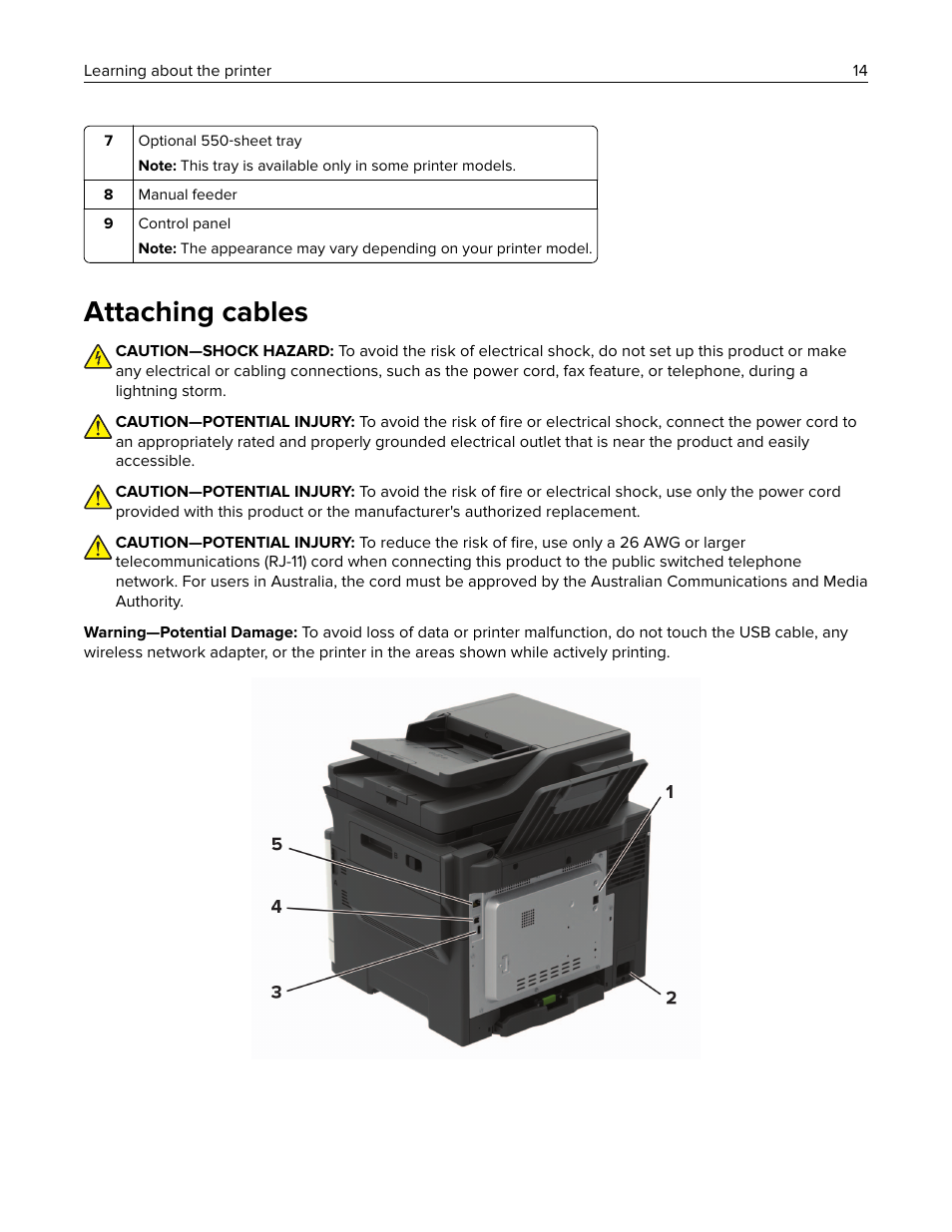 Attaching cables | Lexmark CX622ade Color Laser Printer User Manual | Page 14 / 270