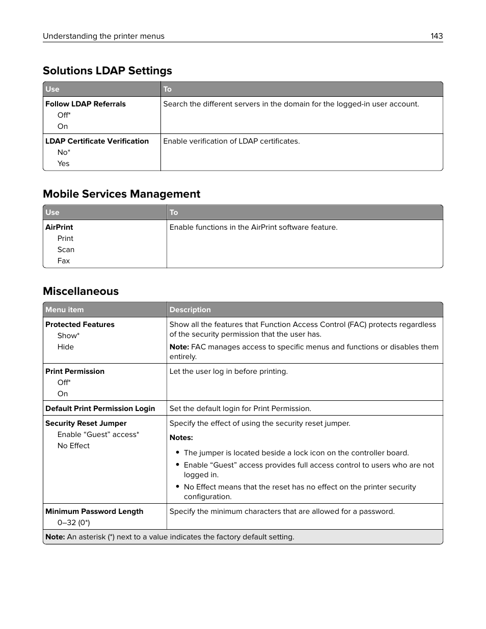 Solutions ldap settings, Mobile services management, Miscellaneous | Lexmark CX622ade Color Laser Printer User Manual | Page 143 / 270