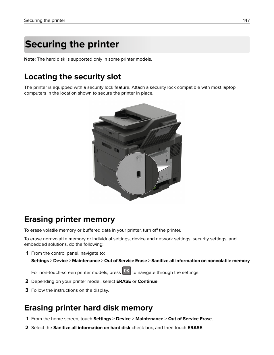 Securing the printer, Locating the security slot, Erasing printer memory | Erasing printer hard disk memory | Lexmark CX622ade Color Laser Printer User Manual | Page 147 / 270