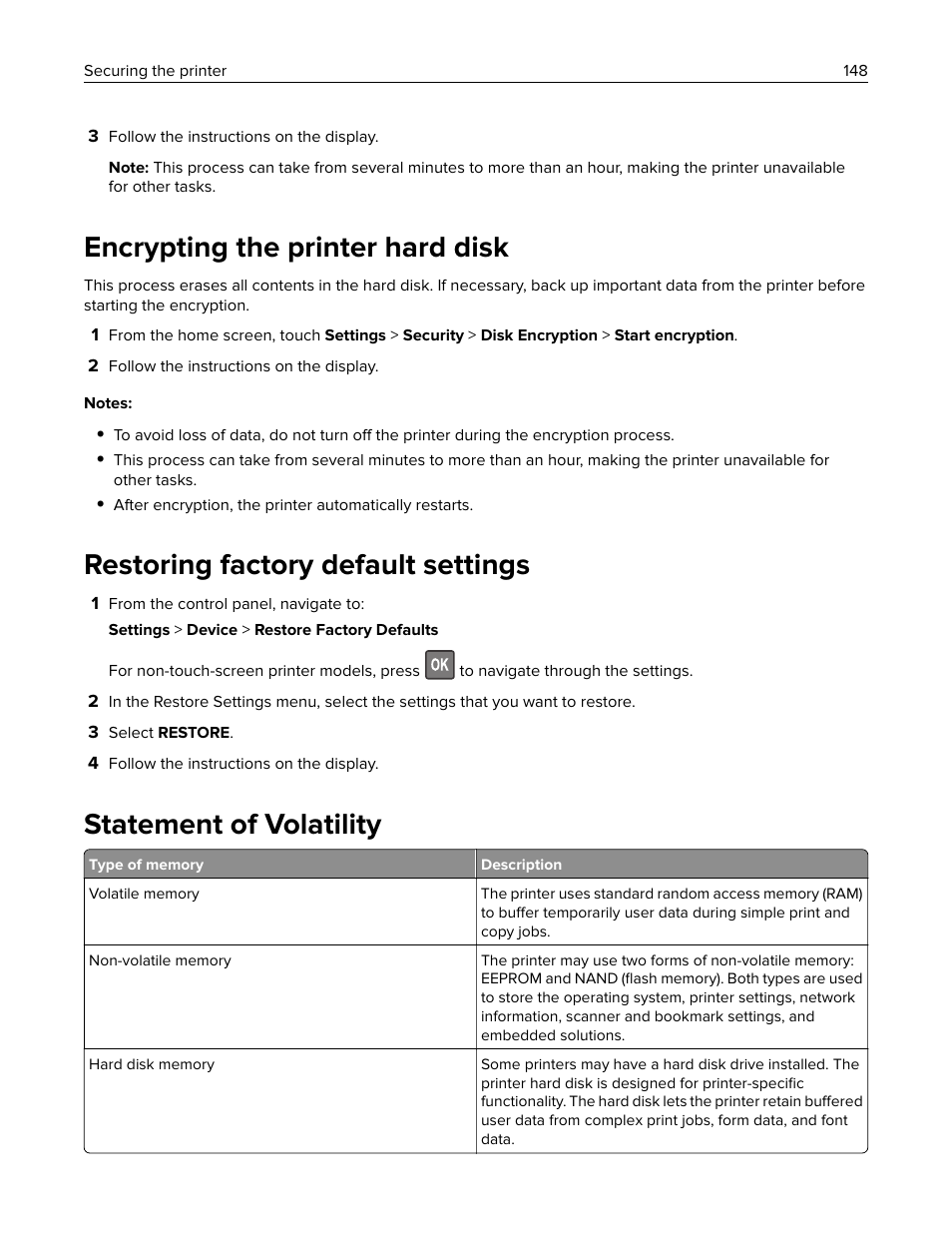 Encrypting the printer hard disk, Restoring factory default settings, Statement of volatility | Lexmark CX622ade Color Laser Printer User Manual | Page 148 / 270