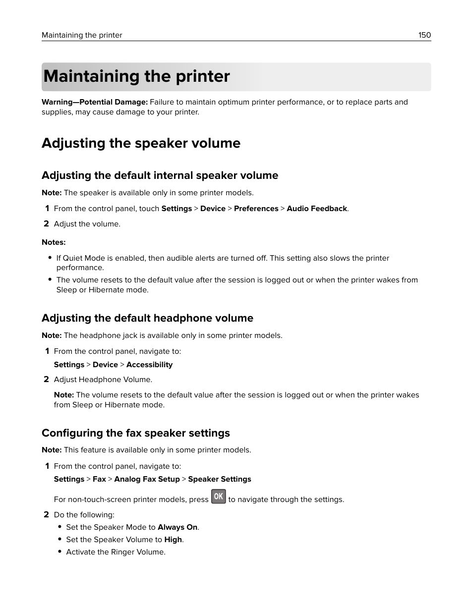 Maintaining the printer, Adjusting the speaker volume, Adjusting the default internal speaker volume | Adjusting the default headphone volume, Configuring the fax speaker settings, Conﬁguring the fax speaker settings | Lexmark CX622ade Color Laser Printer User Manual | Page 150 / 270