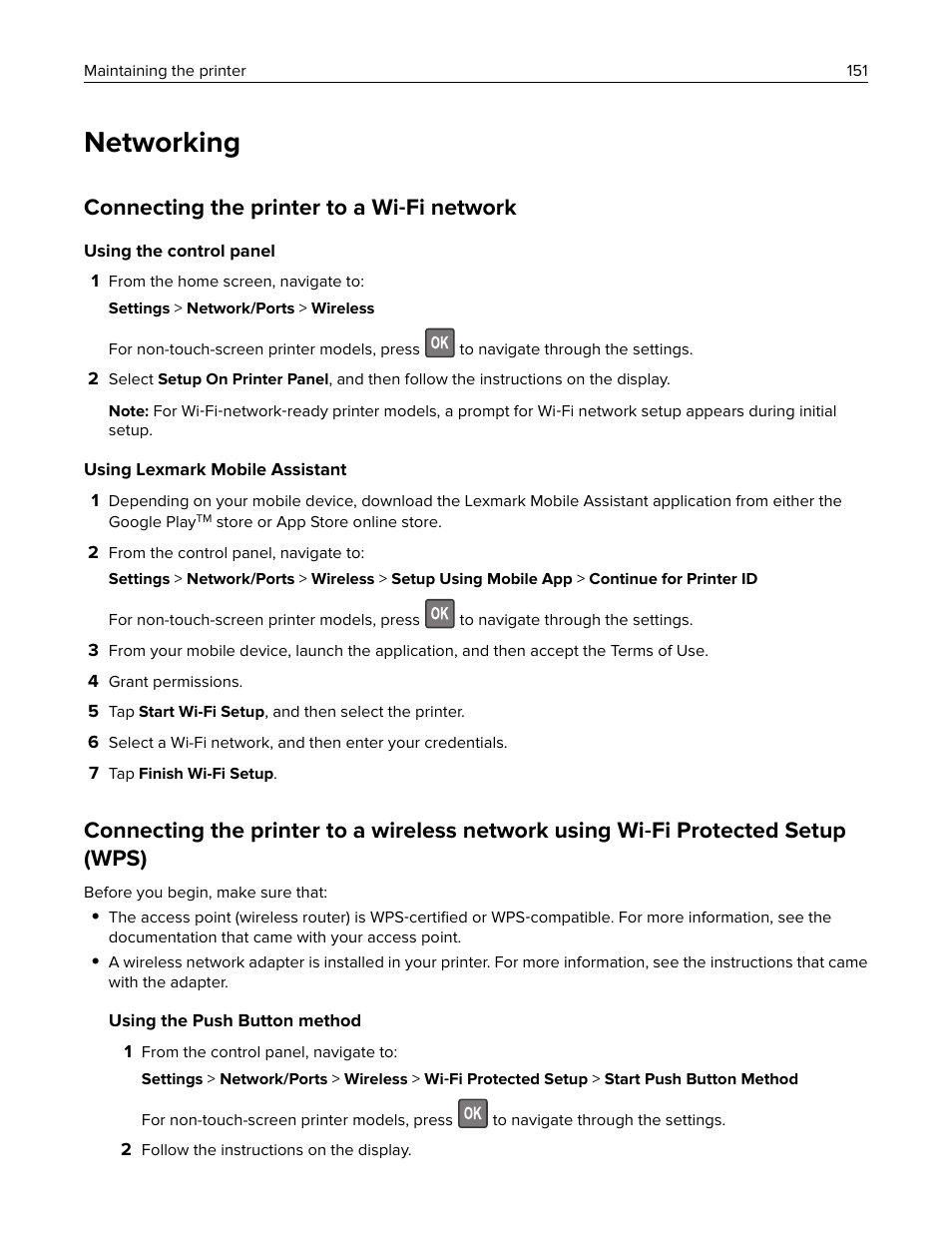 Networking, Connecting the printer to a wi-fi network, Connecting the printer to a wi ‑ fi network | Lexmark CX622ade Color Laser Printer User Manual | Page 151 / 270