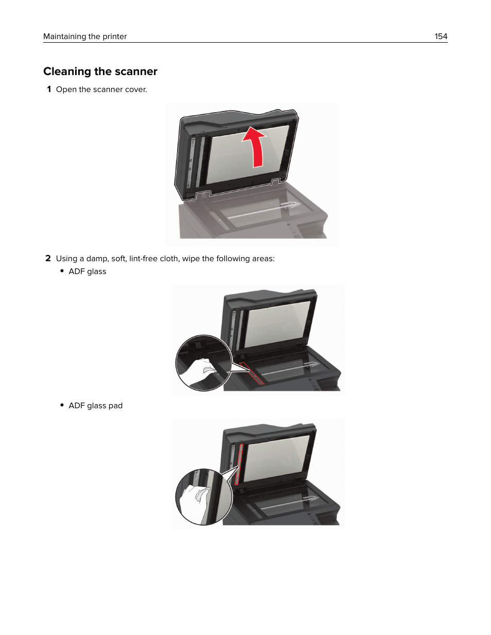 Cleaning the scanner | Lexmark CX622ade Color Laser Printer User Manual | Page 154 / 270