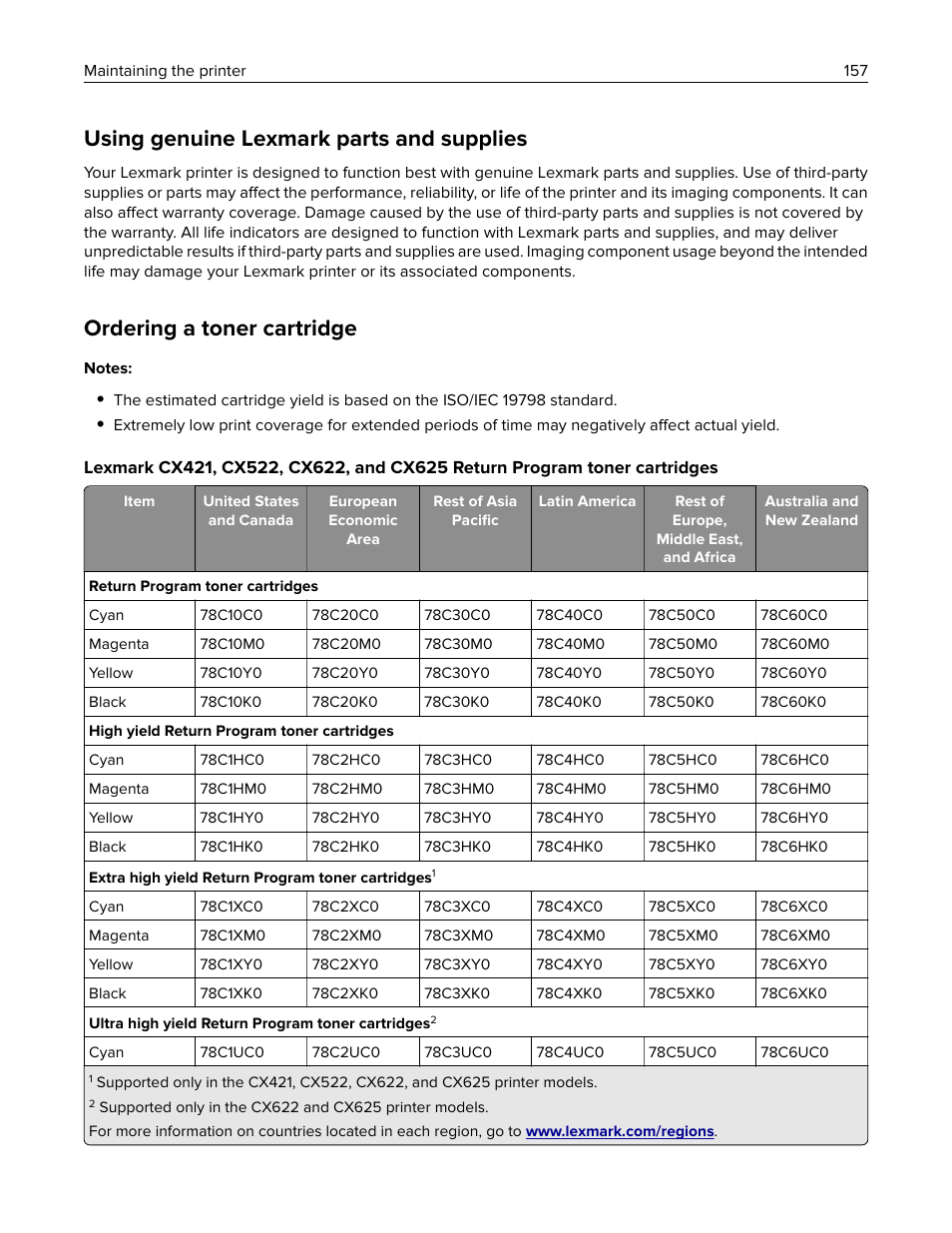 Using genuine lexmark parts and supplies, Ordering a toner cartridge | Lexmark CX622ade Color Laser Printer User Manual | Page 157 / 270