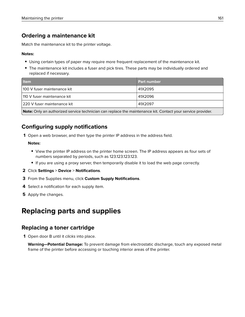 Ordering a maintenance kit, Configuring supply notifications, Replacing parts and supplies | Replacing a toner cartridge, Conﬁguring supply notiﬁcations | Lexmark CX622ade Color Laser Printer User Manual | Page 161 / 270