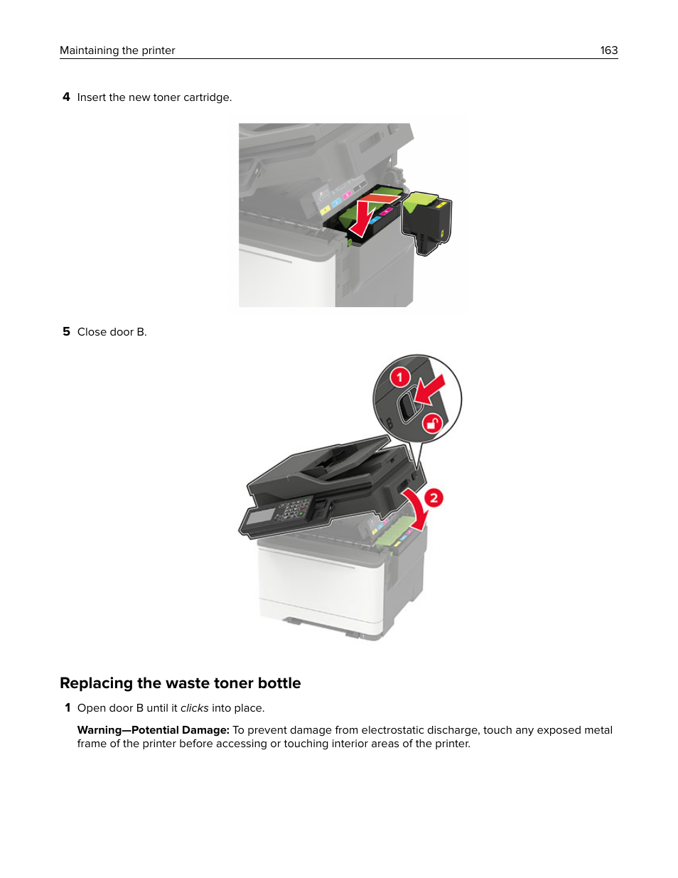 Replacing the waste toner bottle | Lexmark CX622ade Color Laser Printer User Manual | Page 163 / 270