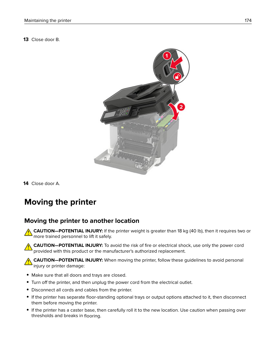 Moving the printer, Moving the printer to another location | Lexmark CX622ade Color Laser Printer User Manual | Page 174 / 270