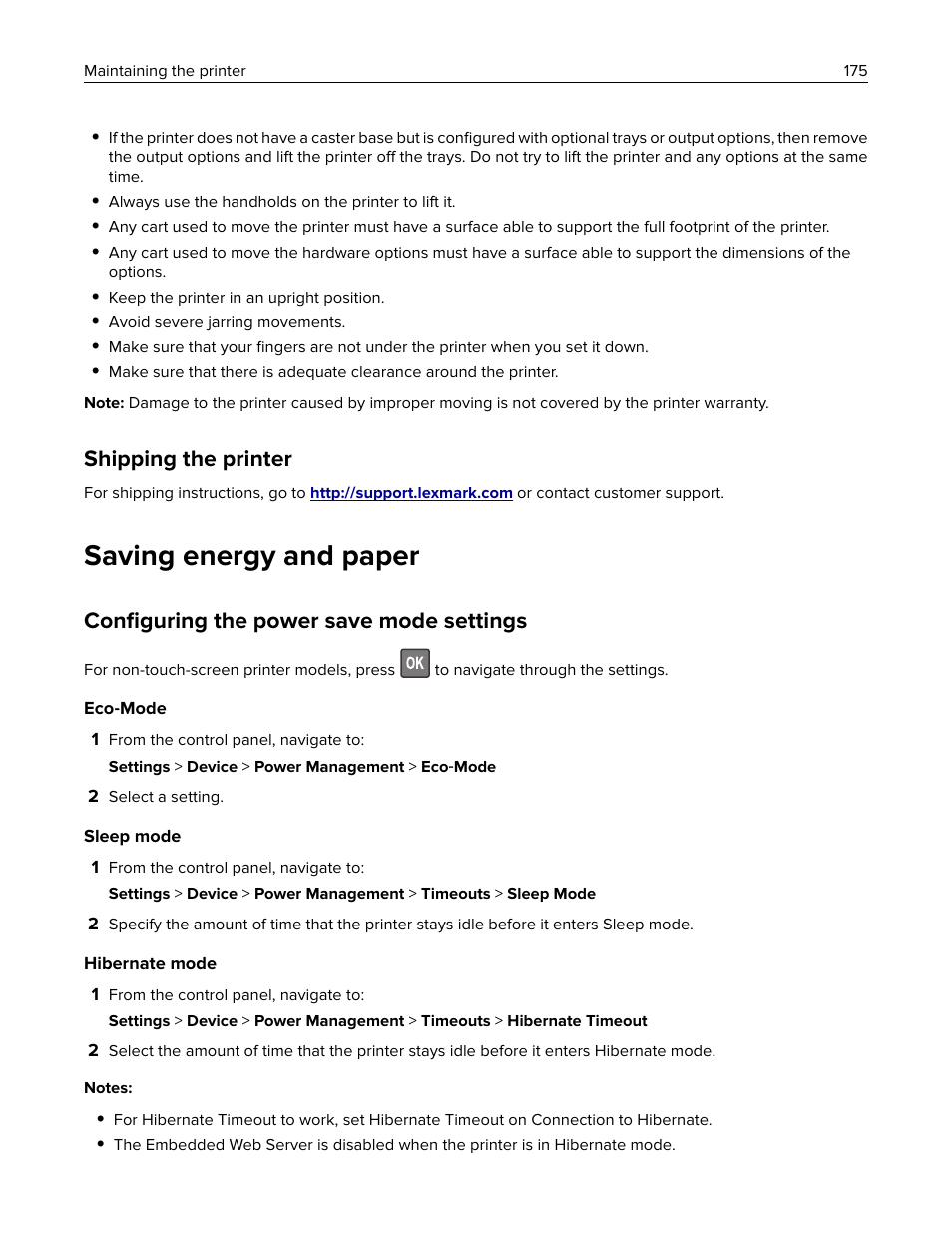 Shipping the printer, Saving energy and paper, Configuring the power save mode settings | Conﬁguring the power save mode settings | Lexmark CX622ade Color Laser Printer User Manual | Page 175 / 270