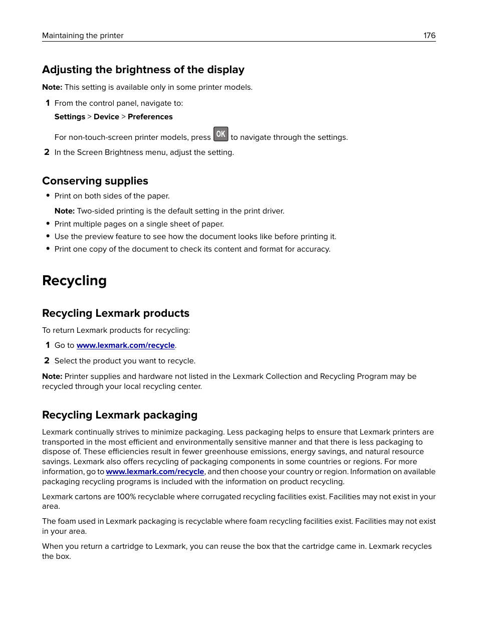 Adjusting the brightness of the display, Conserving supplies, Recycling | Recycling lexmark products, Recycling lexmark packaging | Lexmark CX622ade Color Laser Printer User Manual | Page 176 / 270