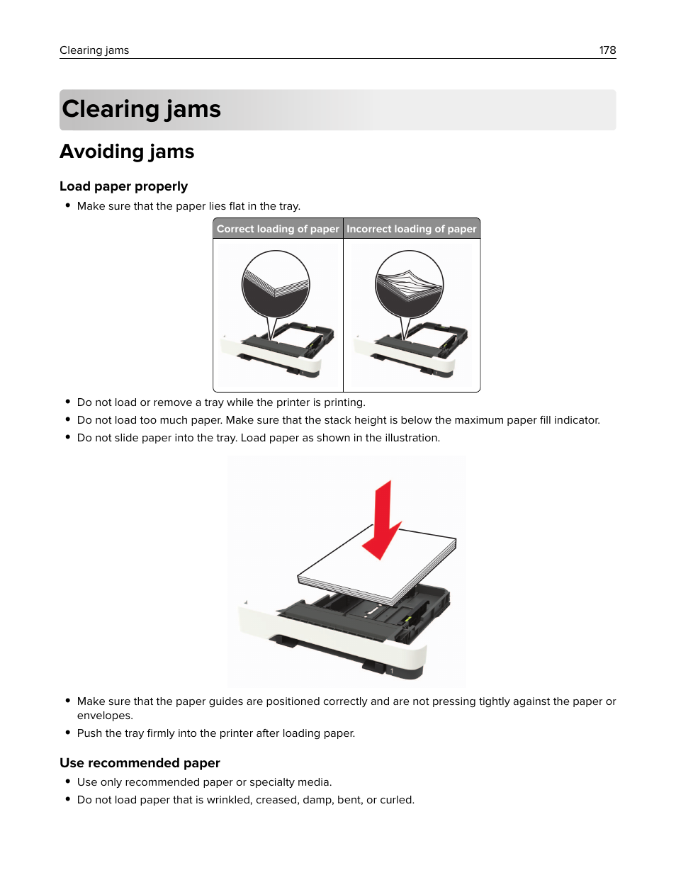 Clearing jams, Avoiding jams | Lexmark CX622ade Color Laser Printer User Manual | Page 178 / 270