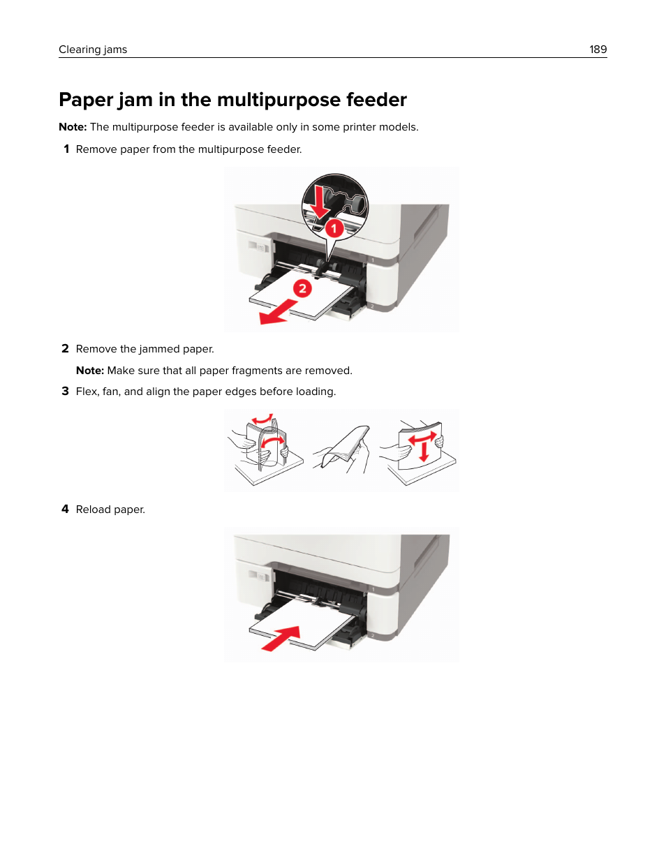 Paper jam in the multipurpose feeder | Lexmark CX622ade Color Laser Printer User Manual | Page 189 / 270