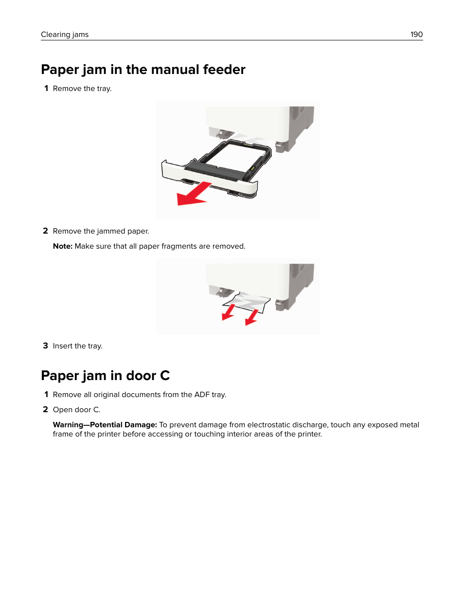 Paper jam in the manual feeder, Paper jam in door c | Lexmark CX622ade Color Laser Printer User Manual | Page 190 / 270
