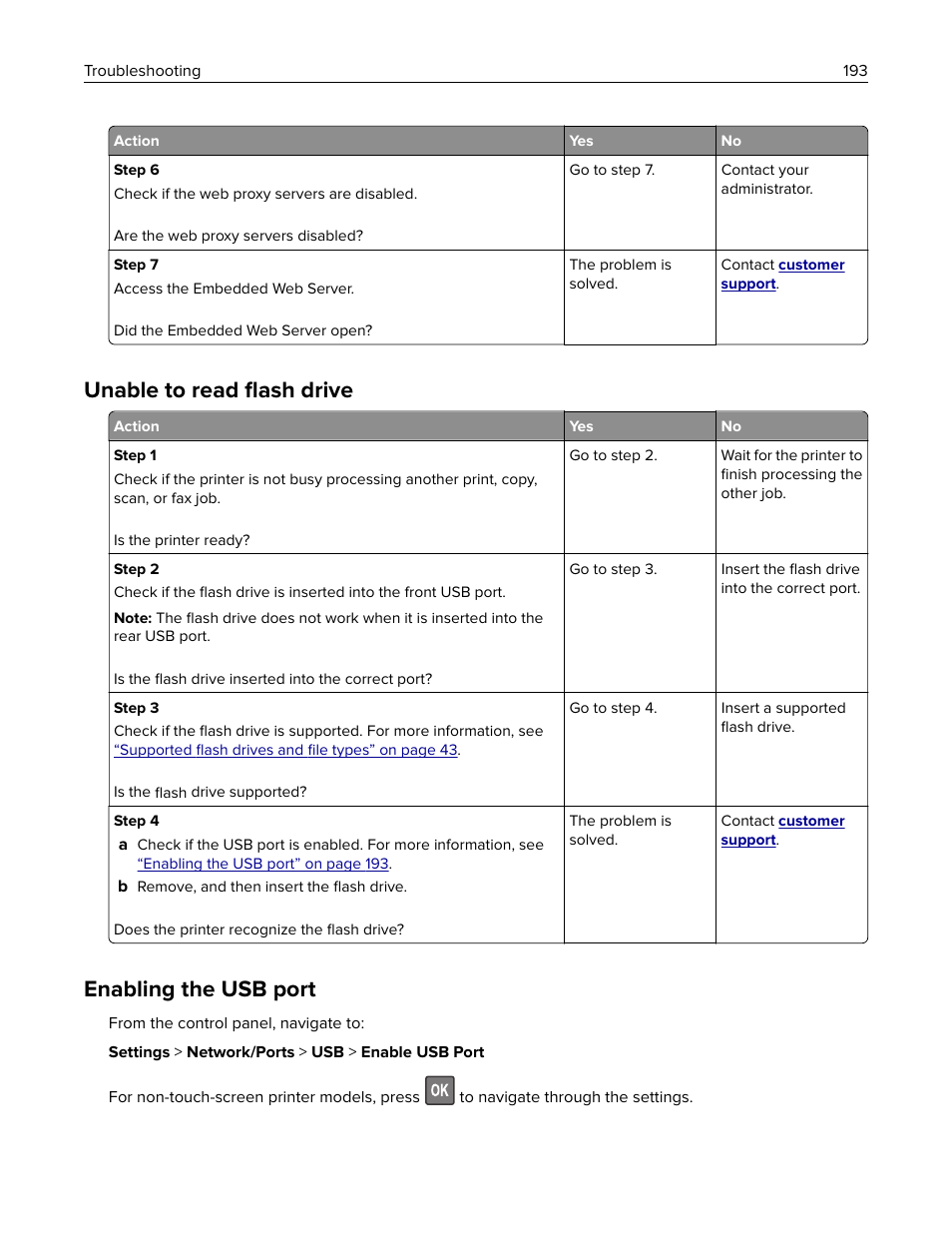 Unable to read flash drive, Enabling the usb port, Unable to read ﬂash drive | Lexmark CX622ade Color Laser Printer User Manual | Page 193 / 270