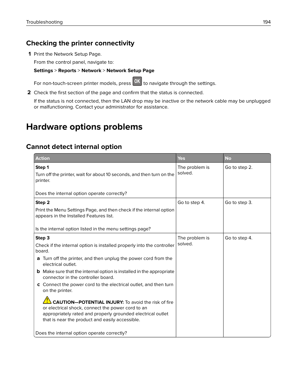 Checking the printer connectivity, Hardware options problems, Cannot detect internal option | Lexmark CX622ade Color Laser Printer User Manual | Page 194 / 270