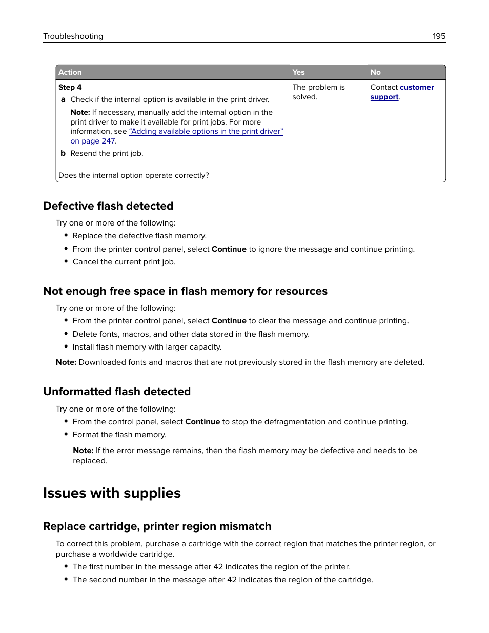 Defective flash detected, Unformatted flash detected, Issues with supplies | Replace cartridge, printer region mismatch, Defective ﬂash detected, Unformatted ﬂash detected | Lexmark CX622ade Color Laser Printer User Manual | Page 195 / 270