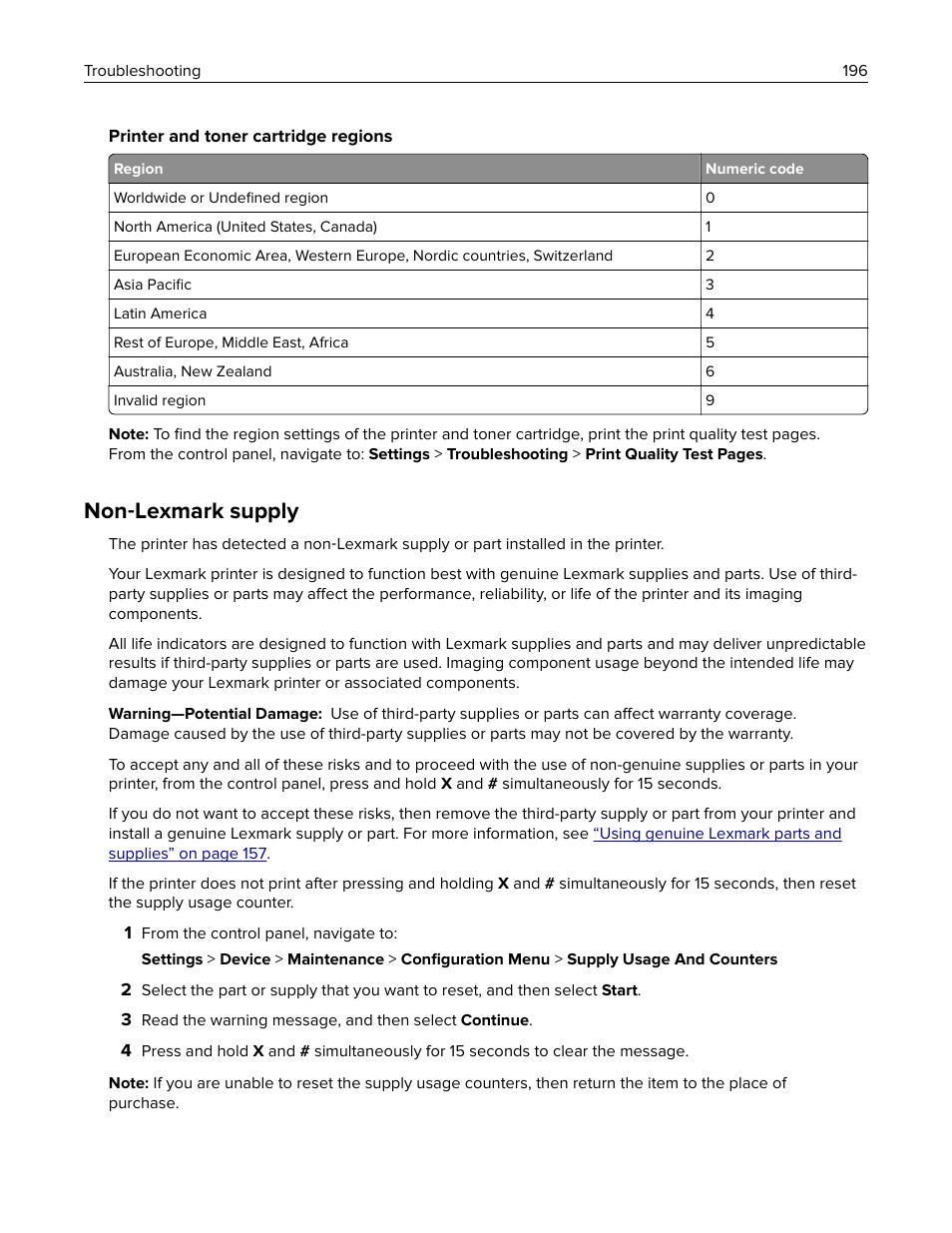 Non-lexmark supply, Non ‑ lexmark supply | Lexmark CX622ade Color Laser Printer User Manual | Page 196 / 270