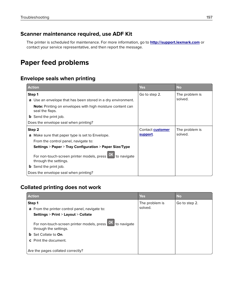 Scanner maintenance required, use adf kit, Paper feed problems, Envelope seals when printing | Collated printing does not work | Lexmark CX622ade Color Laser Printer User Manual | Page 197 / 270