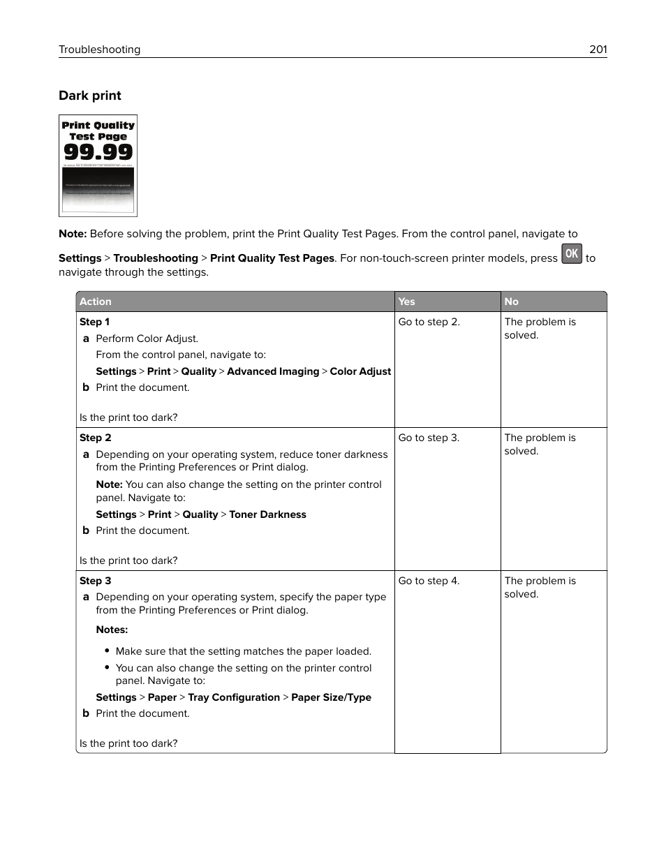 Dark print | Lexmark CX622ade Color Laser Printer User Manual | Page 201 / 270